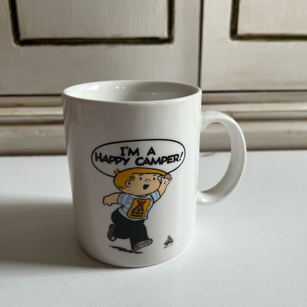 Vintage ‘91 Keane Family Circus “I’m a happy camper” KOA cup mug drink ware